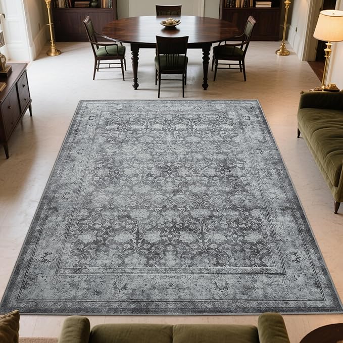 Large 8x10 Washable Area Rug for Living Room, Non Slip Vintage Traditional Rugs for Bedroom, Indoor Thin Accent Floral Nursery Carpet for Dining Room, Farmhouse (Distressed Grey)