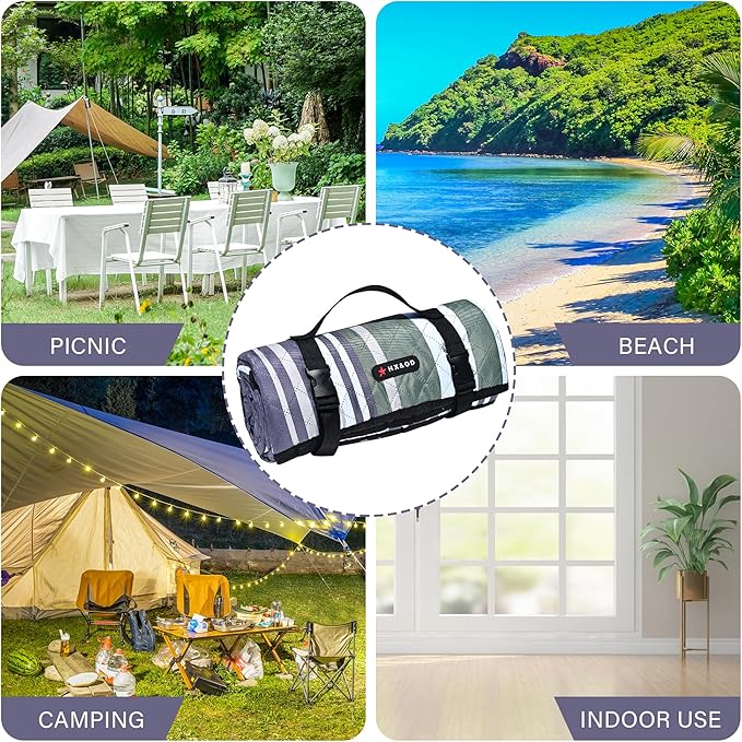 HX&OD Outdoor Picnic Blanket Extra Large, 80''*80' Waterproof Picnic Mat with Stakes Foldable Camping Blanket Portable with Carry Strap for Beach Mat (Green, 80''*80'')