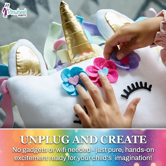 Pinwheel Crafts Unicorn Pillow Kit - DIY Arts and Crafts for Kids Ages 6 7 8-12+ Years, No Sewing Kit for Kids, Unicorn Pink Pillow Craft Kits for Birthday, Christmas Gifts for Girls