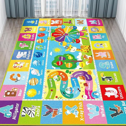 Kids Rug for Playroom, Kids Baby Playmat with Alphabet, Month, Weather, Week and Shapes ABC Educational Rug, Play Mat Carpet for Bedroom Classroom (110.2X78.7 INCH, Ferris Wheel)