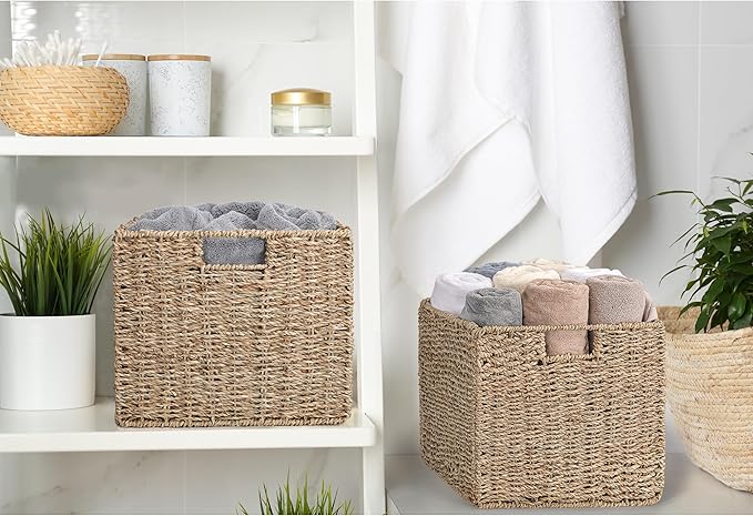 12x12x10in Seagrass Storage Baskets Set of 2, Large Wicker Storage Basket, Decorative Seagrass Shelf Basket, Pantry Baskets Organization,Folding Storage Cube Bins