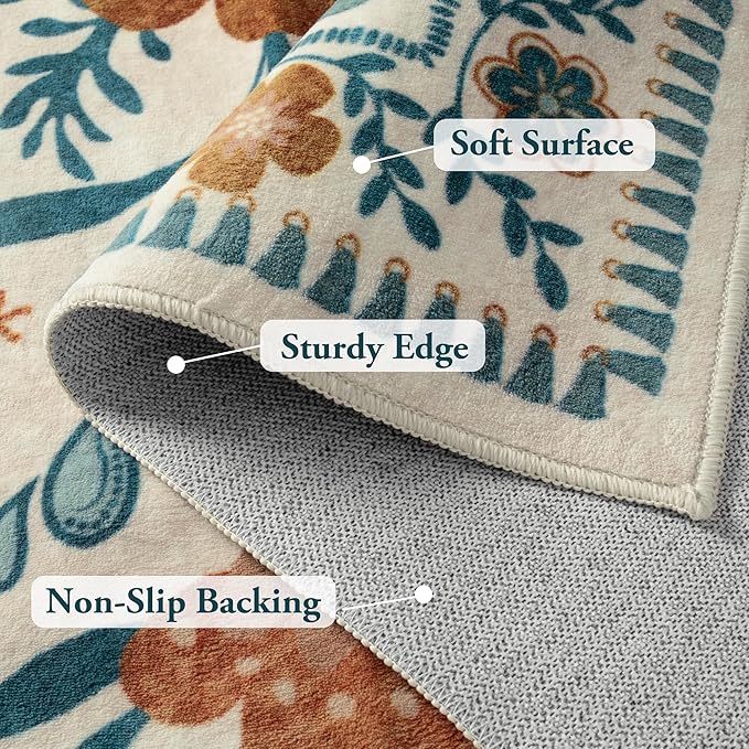 Moynesa Boho Birds Area Rug 5x7 Washable Rug, Floral Carpet for Living Room Low-Pile Soft Bedroom Rugs, Jungle Animal Beige Dining Room Rug Indoor Non-Slip Floor Carpet for Playroom