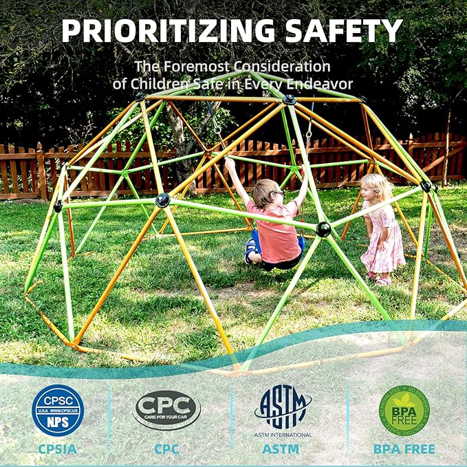 Climbing Dome, 10FT Jungle Gym with Swing for Kids 3 to 10 Outdoor Play Equipment, Supports 800lbs Toddler Play Set, Anti-Rust & Easy Assembly, Gift for Boys Girls (Yellow & Green)