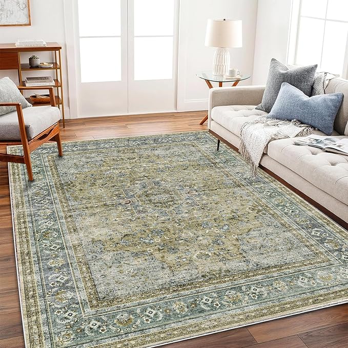 Washable Area Rug 4'x6' Traditional Floor Cover Foldable Thin Rugs Retro Kitchen Indoor Distressed Non Slip Carpet Floral Print Mat Bedroom Living Room
