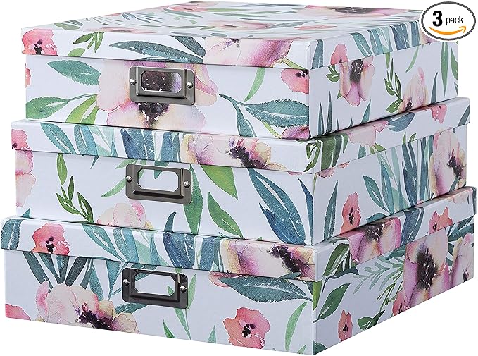 Soul & Lane Decorative Cardboard Storage Boxes With Lids for Home Décor, Set of 3 Floral Photo and Letter Box Set, Nesting Paperboard Storage for Scrapbook Paper, Keepsakes, Memories