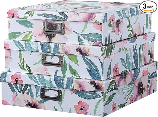 Soul & Lane Decorative Cardboard Storage Boxes With Lids for Home Décor, Set of 3 Floral Photo and Letter Box Set, Nesting Paperboard Storage for Scrapbook Paper, Keepsakes, Memories