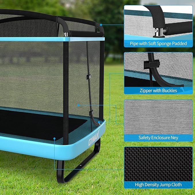 GYMAX Trampoline for Kids, 6FT Toddler Trampoline with Swing & Enclosure Safety Net, ASTM Approved Rectangle Recreational Trampoline for Indoor/Outdoor, Birthday for Baby Boys & Girls