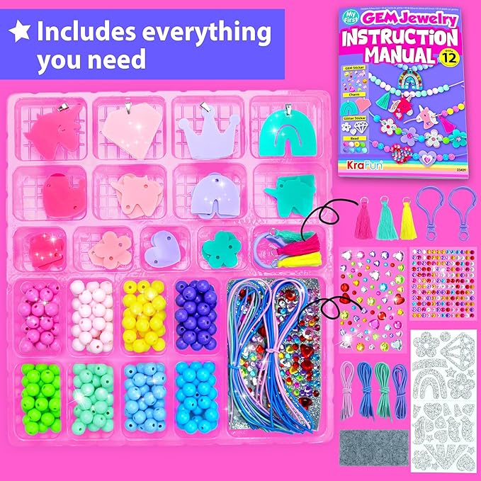 KRAFUN Jewelry Kit Unicorn & Princess Craft Set for Kids 5+ Years, 12 DIY Gem Bracelets & Charms, Unicorn & Princess Theme, Stickers, Instructions, Creative Kit
