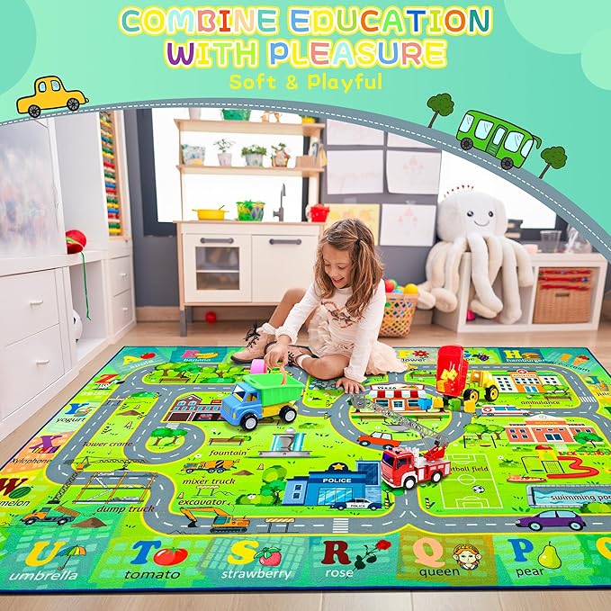 Chicrug 4x6 Car Road Area Rug for Kids Playroom Bedroom, Non Slip Low Pile Washable ABC Alphabet Carpet for Classroom, City Track Play Mat for Toddler Children Nursery Baby Room Decor, Green