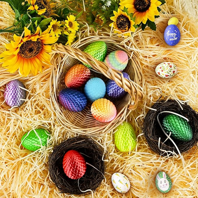 12PCS 3D Dragon Eggs with Dragon Inside, Easter Basket Stuffers Mini Easter Egg Set Articulated Unique Easter Basket Essentials for Adults Kids