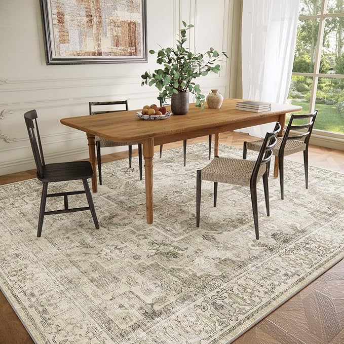 Washable Area Rugs for Living Room: 10x14 Bedroom Area Rugs Boho Vintage Rugs Stain Resistant Non Slip Low Pile Soft Lightweight Carpet for Kitchen Dining Room Farmhouse Nursery Kids Room Home Office
