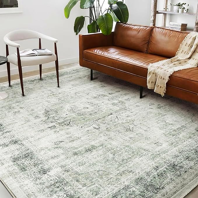 Washable Area Rug 10'x14' Floral Green Boho Design Non-Shedding Easy Care Ideal for High Traffic Areas in Living Room Bedroom Office Coffee Table Kitchen Large Carpet