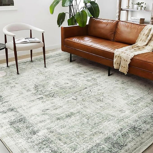 Washable Area Rug 8'x10' Floral Green Retro Boho Design Non-Shedding Non-Slip Easy Care Ideal for High Traffic Areas in Living Room Bedroom Office Coffee Table Kitchen Large Carpet