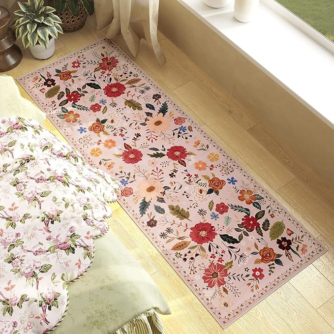 Rug Runners 2x6, Floral Washable Kitchen Rugs for Hallways Area Rugs, Non Slip Long Rug Low Pile Doormat Flower Carpet for Kitchen, Entryway Indoor, Bedroom, Bathroom, Laundry, Pink/Beige