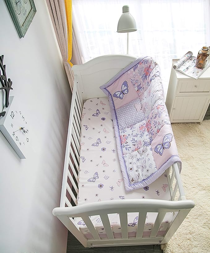 La Premura 3-Piece Purple Butterfly Baby Crib Bedding Set for Girls, Lilac Standard Size Crib Set for Baby Girl, Comforter, Fitted Sheet, and Dust Ruffle Skirt, Baby Nursery Floral Design for Girls