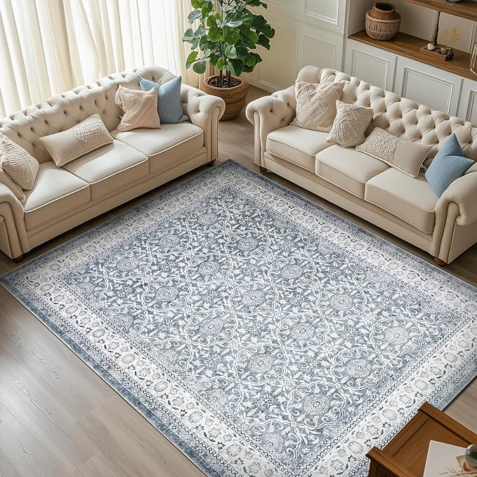 jinchan Floral 9x12 Area Rugs for Living Room - Machine Washable Vintage Distressed Boho Design Soft Throw Rug Large Carpet Low-Pile Thin Non-Slip for Bedroom Dining Room Nursery (9‘x12',Grey)