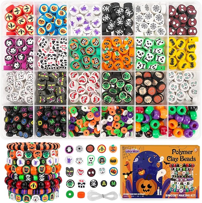 Gionlion 700Pcs Halloween Polymer Clay Beads Bracelet Making Kit, Pumpkins Skulls Ghosts Spiders Bats Pony Letter Beads for Halloween Party Favors, Toys Gifts for 4+ Year Old Kids