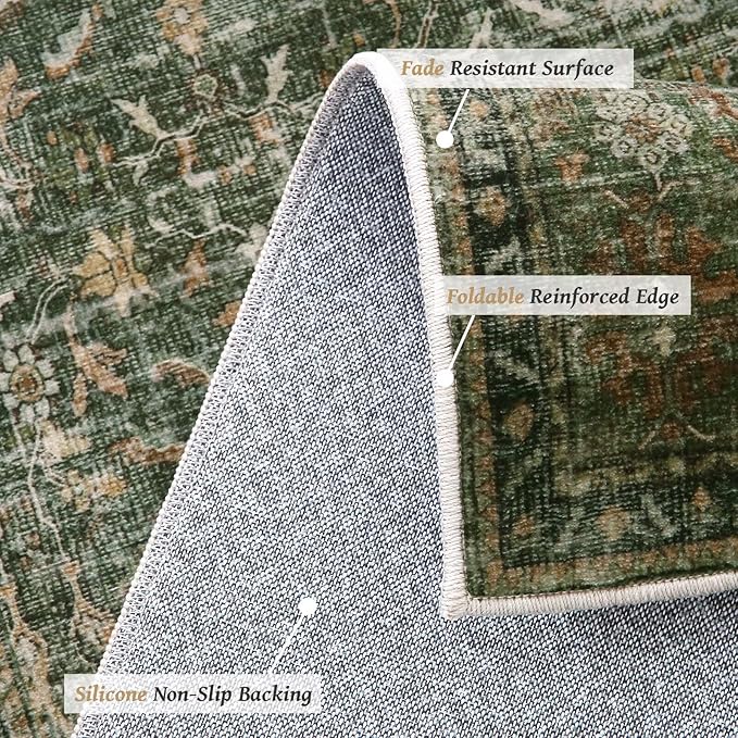 Washable 9x12 Area Rugs for Living Room, Boho Non-Slip Silicone Backing Rugs for Bedroom Dining Room Nursery Office, 0.3" Neutral Oriental Throw Carpet with 0.16" Cushioning Pad, Grass Green/Multi