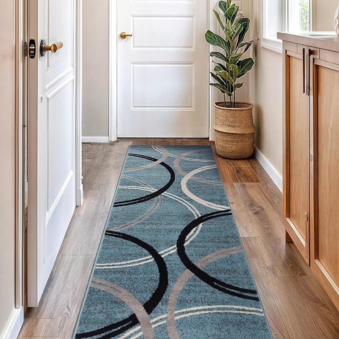 Rugshop Modern Wavy Circles Design Runner Rug 2'7" x 12' Blue