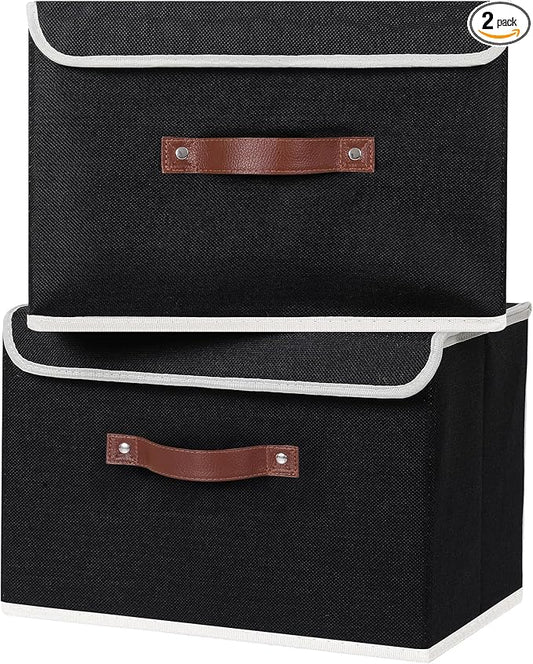 ANMINY 2PCS Storage Bins with Lid PU Leather Handles Storage Boxes PP Plastic Board Decorative Foldable Lidded Cotton Linen Fabric Home Cubes Baskets Closet Organizer Containers - Black, Large Size