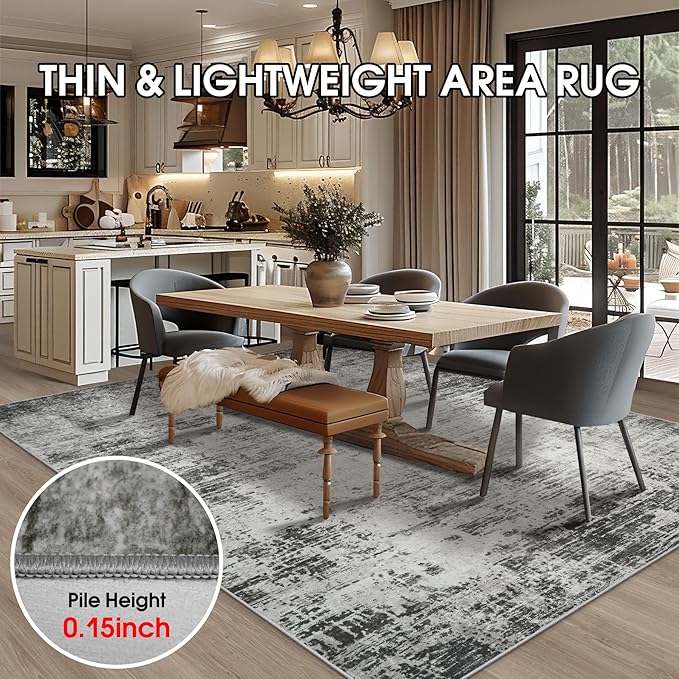 Washable Rug 6x9 Area Rugs, Abstract Washable Rugs with Non-Slip Backing, Stain Resistant Indoor Floor Carpet for Bedroom Dining Room Table Nursery Hallway Home Office-Black/Gray