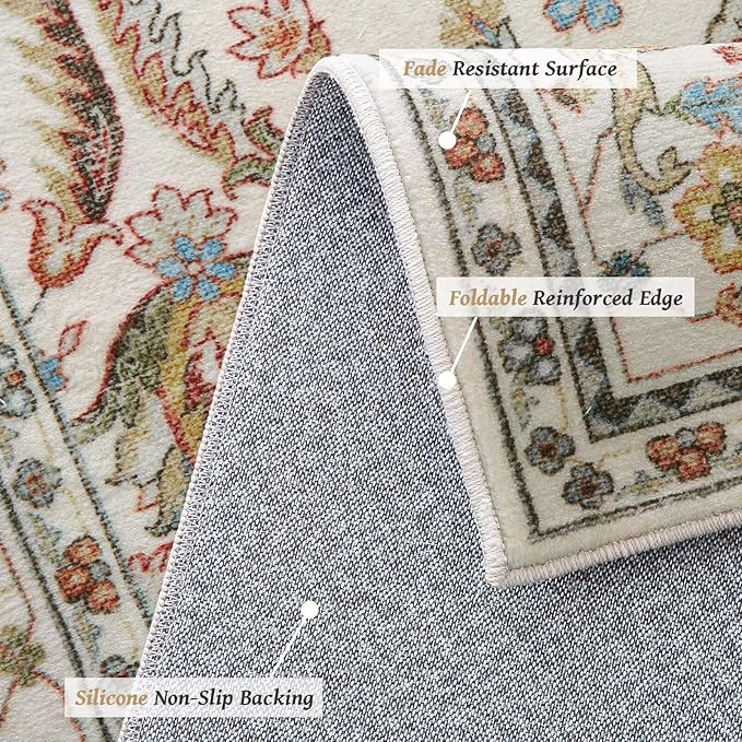 Washable 4x6 Rugs for Living Room, Boho Non-Slip Silicone Backing Small Rugs for Bedroom Nursery Office, 0.3" Neutral Oriental Throw Carpet with 0.16" Cushioning Pad, Light Beige/Multi