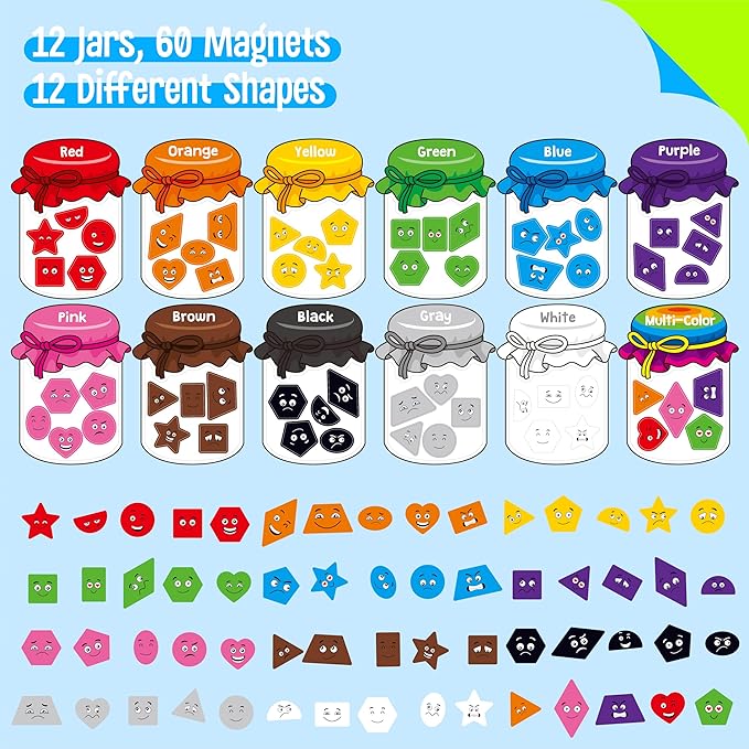 12 Pieces Magnetic Color Sorting Toys, 60 Color & Shape Magnets, Early Educational Sorting Set for Refrigerator Whiteboard Baby Toddlers Kids