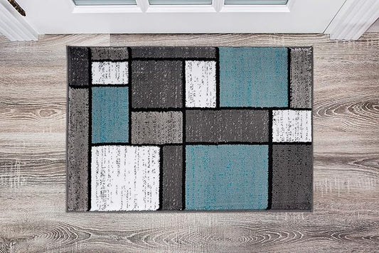 Rugshop Contemporary Modern Boxes for Home Office,Living Room,Bedroom,Kitchen Non Shedding Area Rug 2' x 3' Blue/Gray