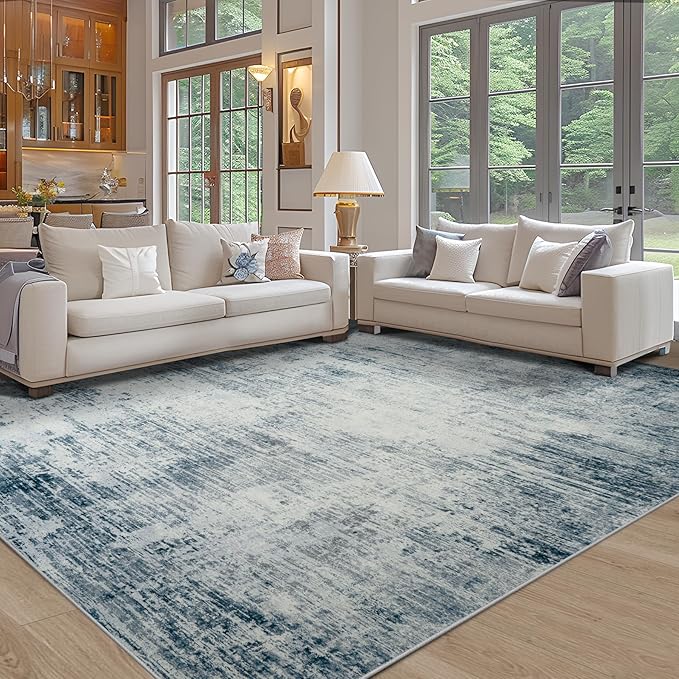 Washable Rug 6x9 Area Rugs, Abstract Washable Rugs with Non-Slip Backing, Stain Resistant Indoor Floor Carpet for Bedroom Dining Room Table Nursery Hallway Home Office-Blue/Ivory