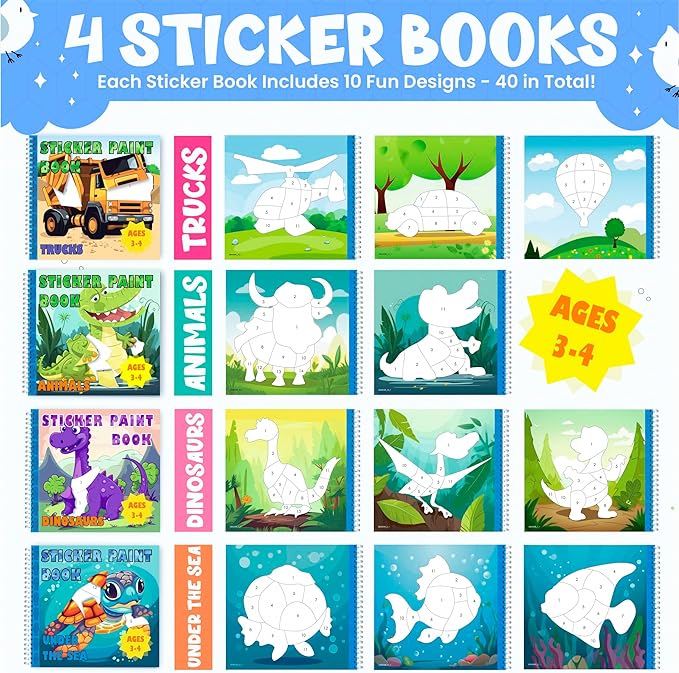 BulbaCraft 4Pcs Sticker Paint Books for Boys - Sticker Books by Number with Dinosaurs, Trucks, Animals and Under The Sea - Coloring Activity for Kids