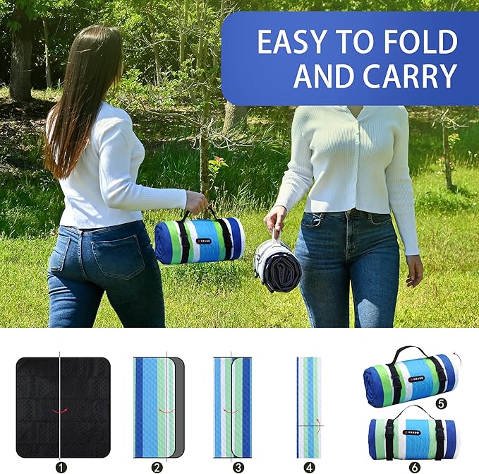 HX&OD Outdoor Picnic Blanket Extra Large, 80''*80'' Waterproof Picnic Mat with Stakes Foldable Camping Blanket Portable with Carry Strap for Beach Mat (Blue, 80''*80'')