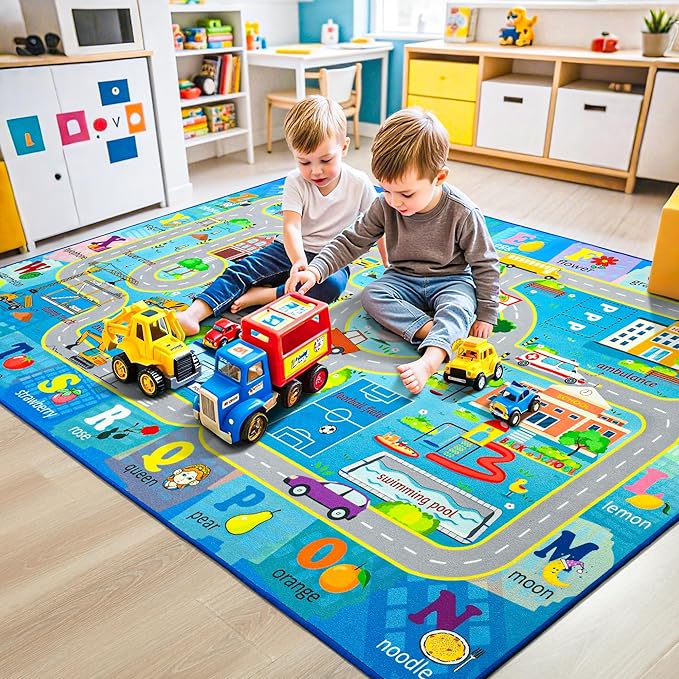 Chicrug 4x6 Car Road Area Rug for Kids Playroom Bedroom, Non Slip Low Pile Washable ABC Alphabet Carpet for Classroom, City Track Play Mat for Toddler Children Nursery Baby Room Decor, Blue