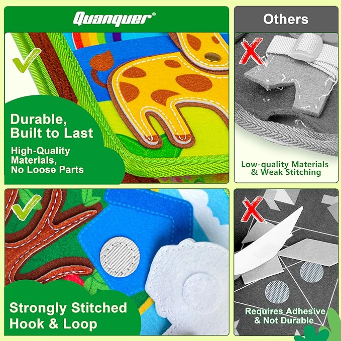Quanquer Animals Busy Book for Toddlers 1-3 – Montessori Sensory Toys Busy Board for 1 Year Old, Educational Learning Activity Book, Quiet Travel Toy for Car & Airplane, Birthday Gifts for Age 1 2 3