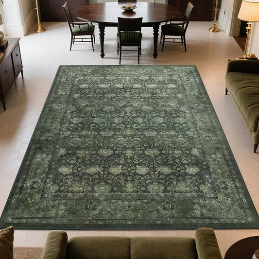 Large 8x10 Washable Area Rug for Living Room, Non Slip Vintage Traditional Rugs for Bedroom, Indoor Thin Accent Floral Nursery Carpet for Dining Room, Farmhouse (Distressed Green)