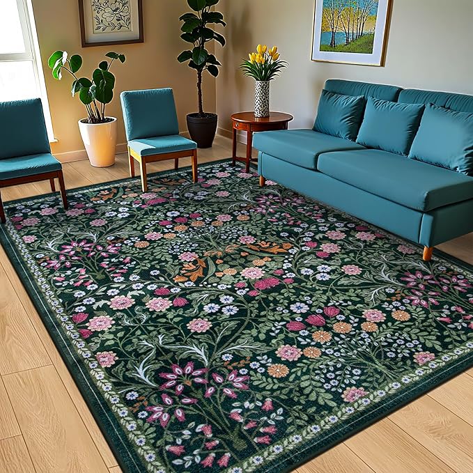 Area Rugs 9x12 Living Room: Floral Washable Rug Vintage Large Soft Boho Non-Slip Carpet Indoor Floor Stain Resistant Low Pile Carpets for Bedroom Dining Room Farmhouse Nursery Home Office Dark Green
