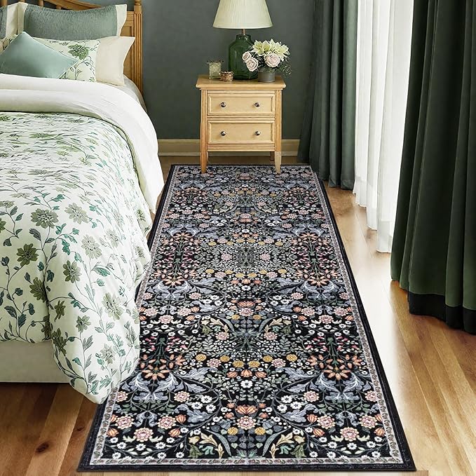 Runner Rug for Entryway: 2.6x8 Kitchen Rugs Non Slip Washable Ultra-Thin Soft Floral Carpet Indoor Stain Resistant Carpets for Hallway Bedroom Kitchen Laundry Bathroom Dorm Dark Black