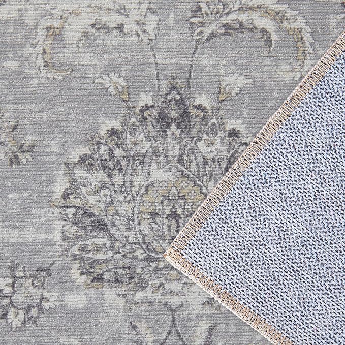 jinchan Hallway Runner Rug 3x10 Machine Washable Runner Rug Grey Vintage Floral Design Non-Slip Low Pile Ultra-Thin for Kitchen Laundry Room Bedroom Farmhouse (3‘x10',Grey)