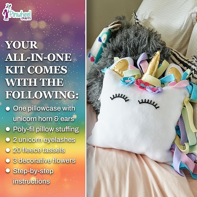 Pinwheel Crafts Unicorn Pillow Kit - DIY Arts and Crafts for Kids Ages 6 7 8-12+ Years, No Sewing Kit for Kids, Unicorn Pink Pillow Craft Kits for Birthday, Christmas Gifts for Girls