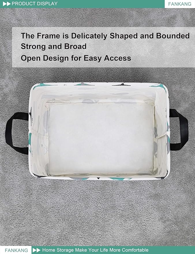 FANKANG Storage Bins, Nursery Hamper Canvas Laundry Basket Foldable with Waterproof PE Coating Large Storage Baskets for Kids Boys and Girls, Office, Bedroom, Clothes,Toys(Rec-whales ）