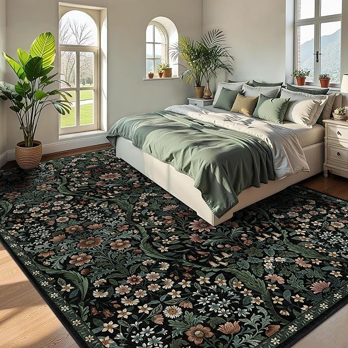 9x12 Black Vintage Floral Area Rug,Washable Large Boho Living Room Rugs,Botanical Print Non-Slip Stain Resistant Lightweight Carpet for Bedroom Dining Room Nursery