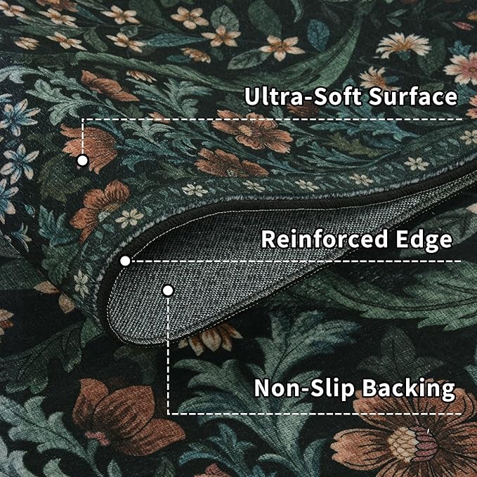 8x10 Washable Area Rug for Living Room, Large Vintage Black Floral Rugs, Soft Non-Slip Stain Resistant Boho Lightweight Carpet for Bedroom Dining Room Nursery Home Office