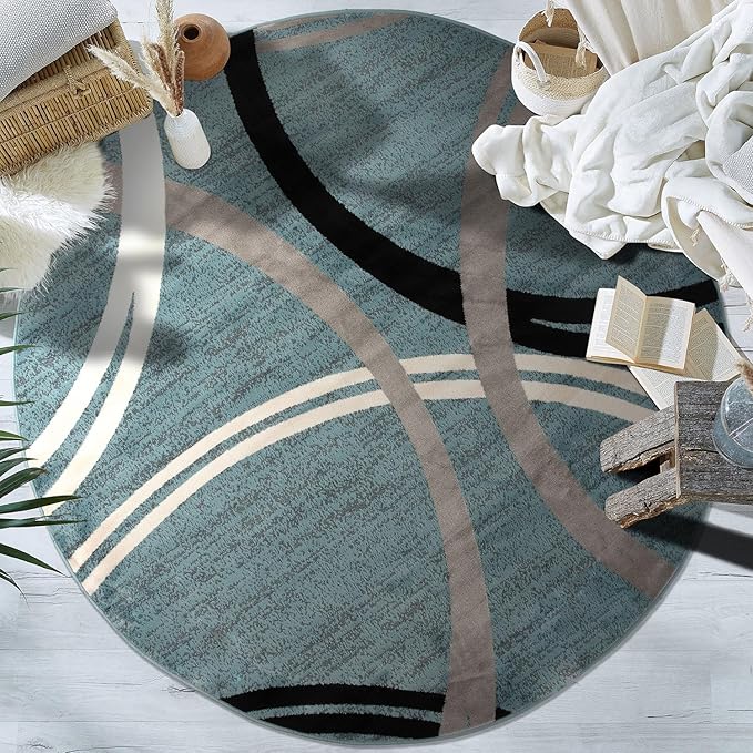 Rugshop Modern Wavy Circles Design Round Area Rug 8' Blue