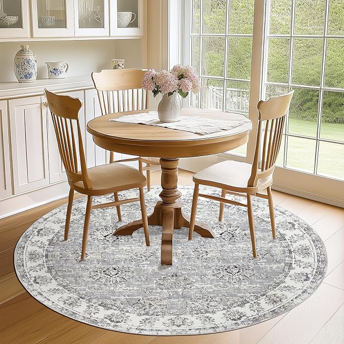jinchan Round Rug 6ft Area Rugs Vintage Floral Distressed Design - Machine Washable Non-Slip Low-Pile Ultra-Thin Circle Rug for Entryway Bedside Living Room Dining Room Bedroom (6' Round,Grey)