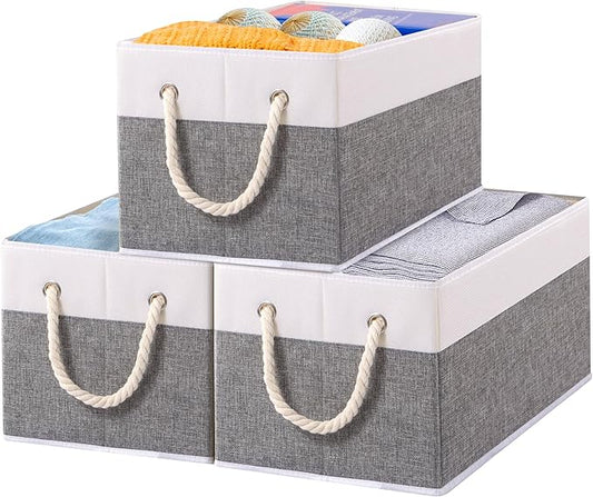 Yawinhe Foldable Storage Basket 3-Pack, Large Fabric Bins with Rope Handle, Used for Organizing Shelves, Closets, Clothes, 12.99''Lx9.05''Wx7.87''H, White/Grey