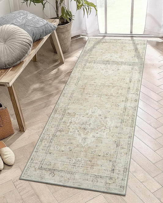 LIVEBOX Washable 2x6 Runner Rug for Bathroom, Non Slip Kitchen Mats for Floor Entryway, Boho Indoor Front Door Mat Low-Pile Runners for Hallways, Farmhouse Rugs for Bath Laundry, Tan