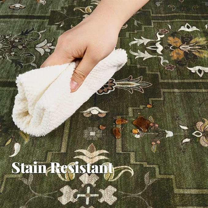 5x7 Washable Area Rug for Living Room Dining Room, Distressed Non Slip Vintage Floral Rugs for Bedroom, Traditional Indoor Floor Carpet for Dining Kitchen Farmhouse Dark Green