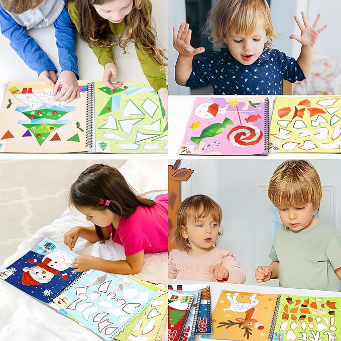 90shine 4PCS Christmas Crafts for Kids Ages 4-8 Sticker Paint Books - Includes Santa Clause Snowman Elf Gnome and More Designs Gift Party Create 40 Pictures