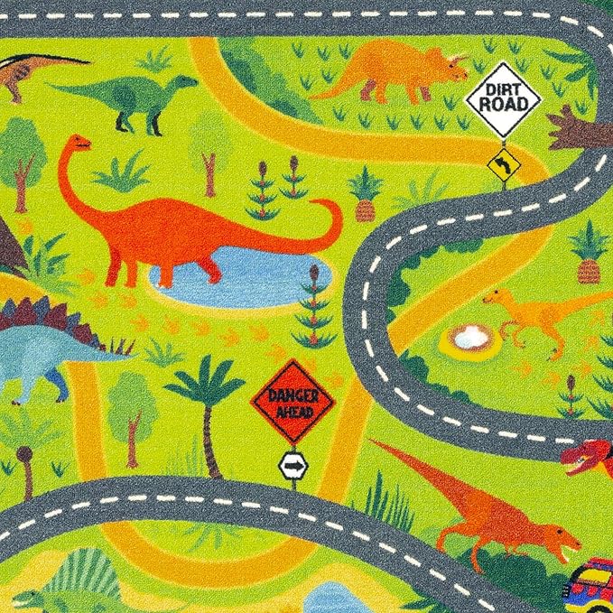 KC Cubs 8x10 Dinosaur Toy Car Dino Road Rug – Educational Play Mat Carpet for Kids, Toddlers, Nursery, Classroom, Playroom, Baby Daycare, Boys & Girls