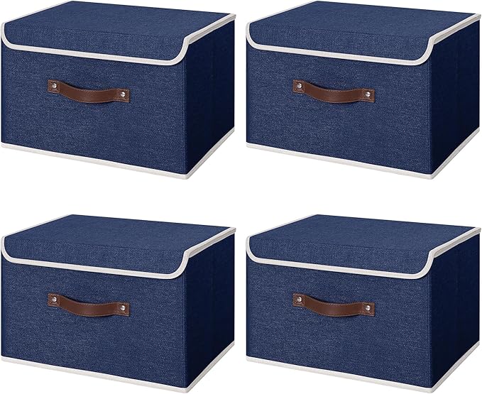 ANMINY 4PCS Storage Bins with Lid PU Leather Handles Storage Boxes PP Plastic Board Decorative Foldable Lidded Cotton Linen Fabric Home Cubes Baskets Closet Organizer Containers - Blue, Large Size