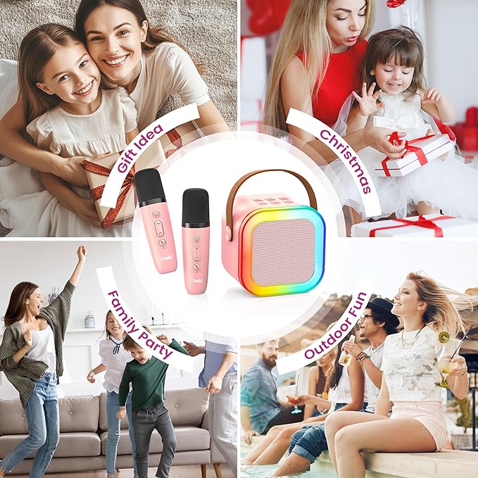 Karaoke Machine for Kids Adults, Portable Bluetooth Mini Karaoke Microphone Singing Speaker with 2 Mic and Light,Toys for All Smartphones,Birthday, Family,Home Party (Pink)